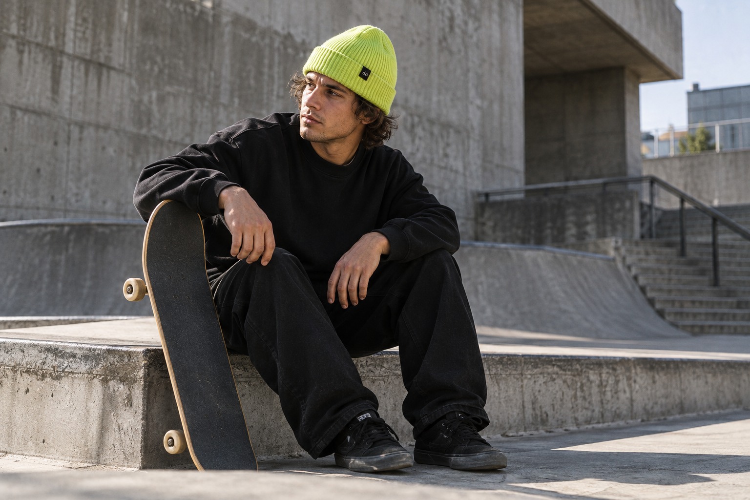 Skateboarder wearing our acid lime cuff beanie at a concrete skatepark